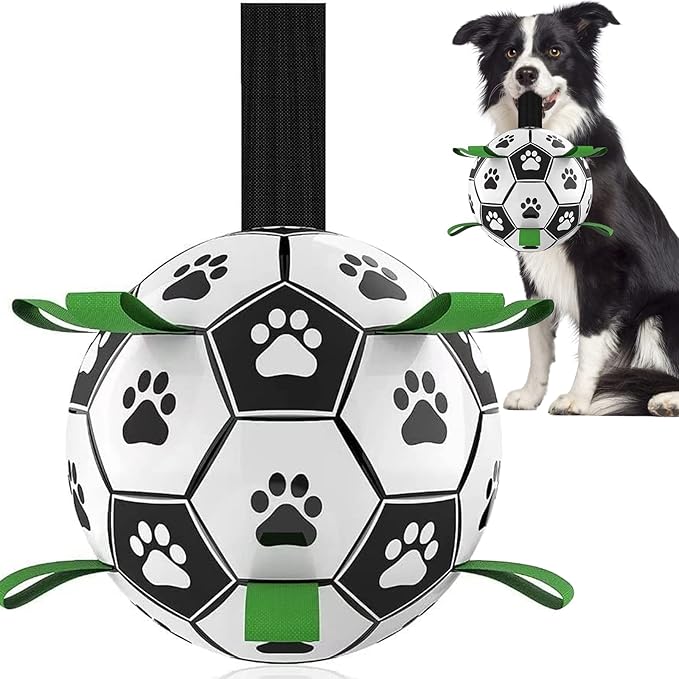 QDAN Dog Toys for Small Medium Puppy, Soccer Ball for Dogs with Straps, Dog Herding Balls, Birthday Toy Gifts, (Black Greem, 6 Inch)