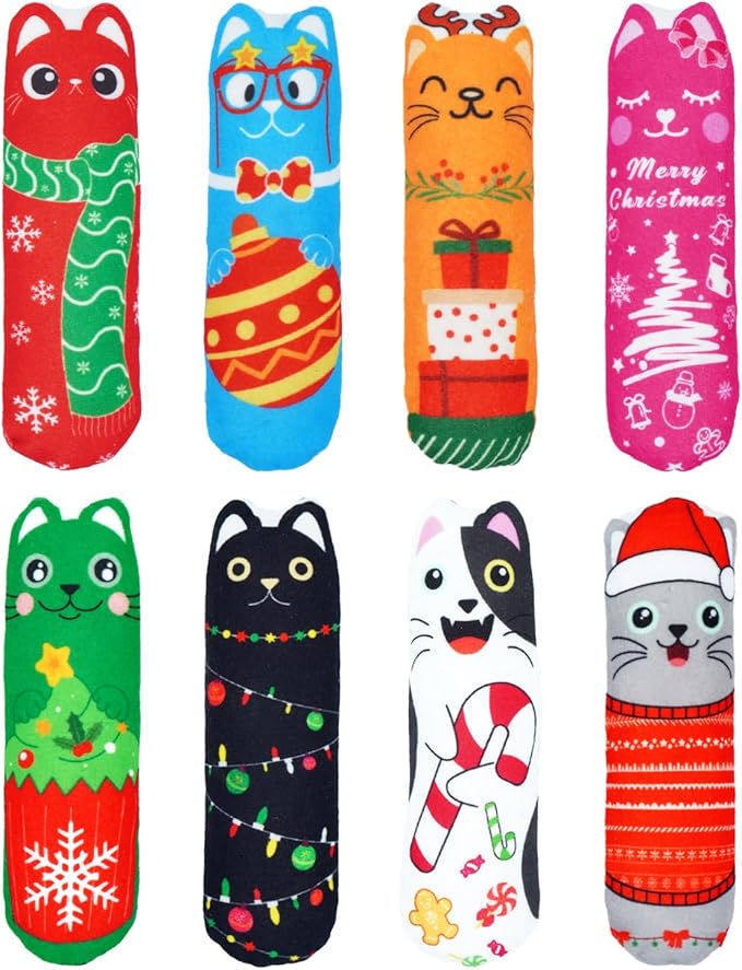 PET SHOW 8 Pack Christmas Cat Kicker Toys with Catnip Crinkle Sound Toys for Indoor Cats Xmas Santa Gift Patterns Plush Kittens Shape Natural Interactive Pet Kitty