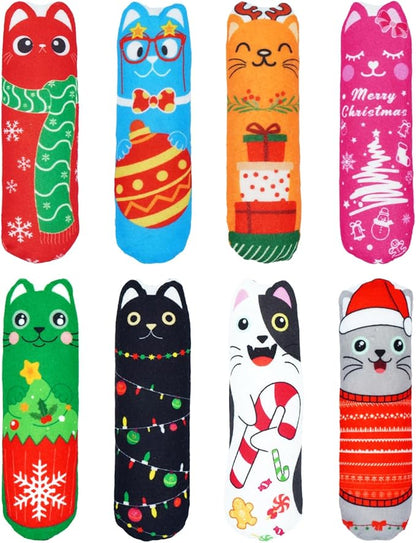 PET SHOW 8 Pack Christmas Cat Kicker Toys with Catnip Crinkle Sound Toys for Indoor Cats Xmas Santa Gift Patterns Plush Kittens Shape Natural Interactive Pet Kitty