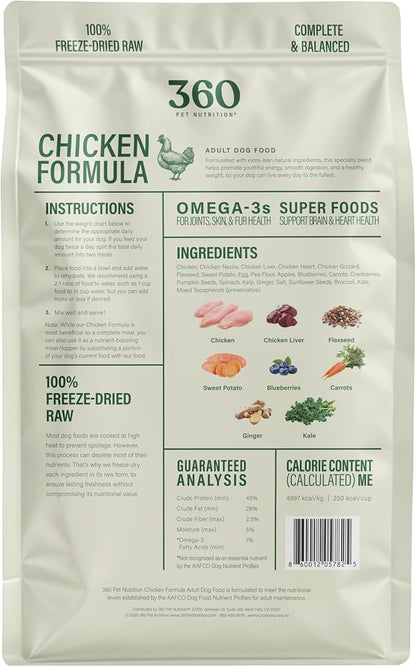 360 Pet Nutrition Freeze-Dried Raw Dog Food – Chicken Recipe with Liver & Organs, High Protein, Omega-3s, Fruits, Veggies & Superfoods, Grain-Free, No Fillers, 3 lb – Made in USA
