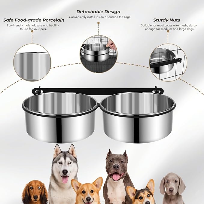 Yummy Sam Hanging Pet Dog Food Water Bowl for Cage, Stainless Steel Non-Spill Kennel Hanging Cats Pets Bowls with Clamp Holder Crate Feeder Dish for Medium Large Dogs Pets (Silver)
