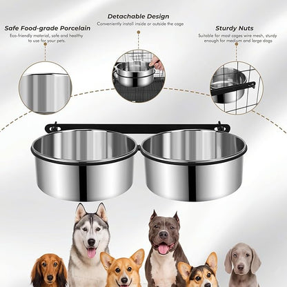 Yummy Sam Hanging Pet Dog Food Water Bowl for Cage, Stainless Steel Non-Spill Kennel Hanging Cats Pets Bowls with Clamp Holder Crate Feeder Dish for Medium Large Dogs Pets (Silver)