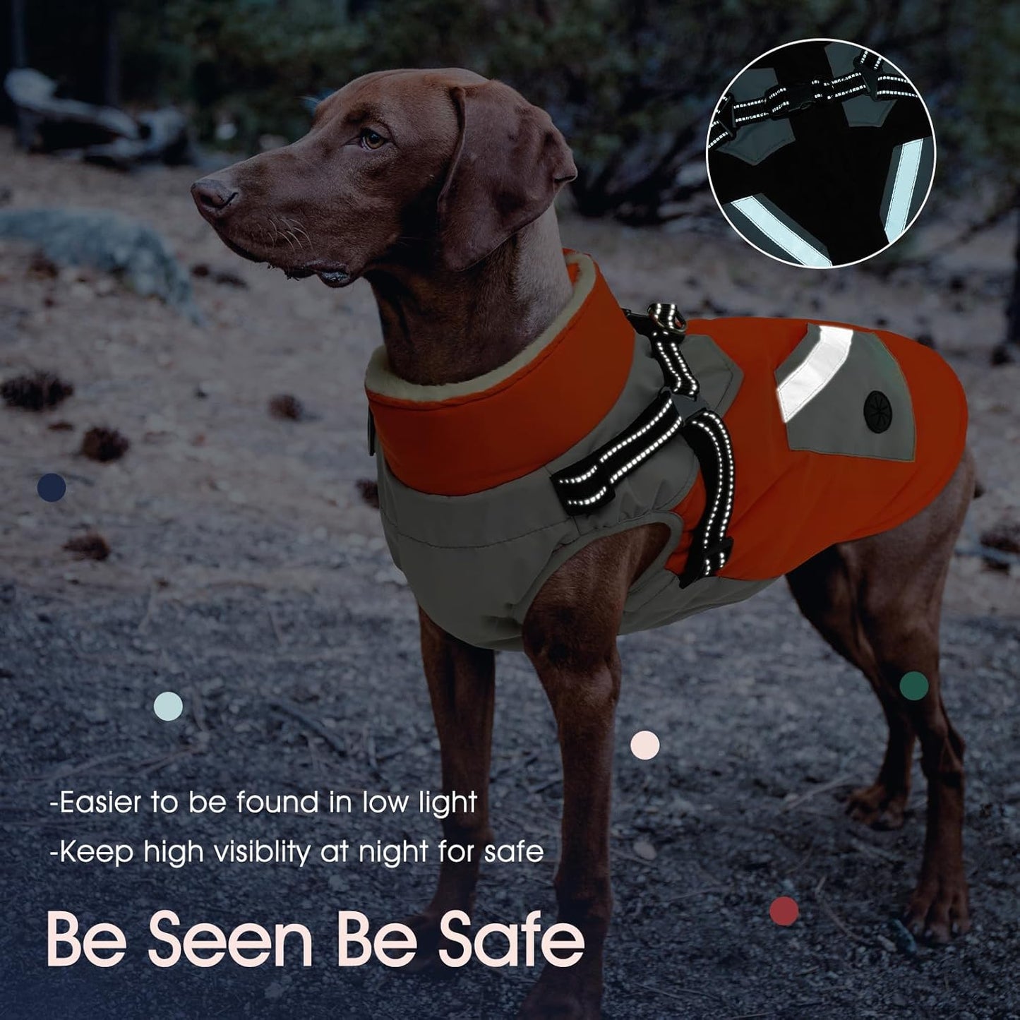 IECOii Dog Coat for Large Dogs, Orange, X-Large - Waterproof Winter Fleece Jacket with Harness, Turtleneck, Reflective Straps, Zipper Closure