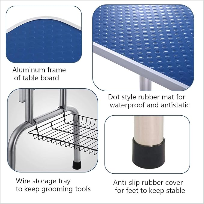 46" Dog Grooming Table Foldable Pet Grooming Tables with Adjustable Arm Noose Storage Mesh Tray Maximum Capacity Up to 330lbs Blue