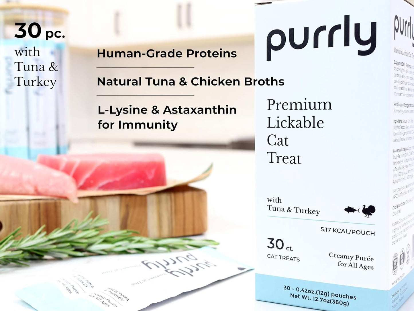 Purrly Lickable Cat Treat Healthy Human-Grade Tuna & Turkey with L-Lysine & Astaxanthin for Immunity (30 Count) Soft Healthy Low Calorie Hydrating Interactive Snack