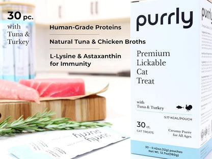 Purrly Lickable Cat Treat Healthy Human-Grade Tuna & Turkey with L-Lysine & Astaxanthin for Immunity (30 Count) Soft Healthy Low Calorie Hydrating Interactive Snack
