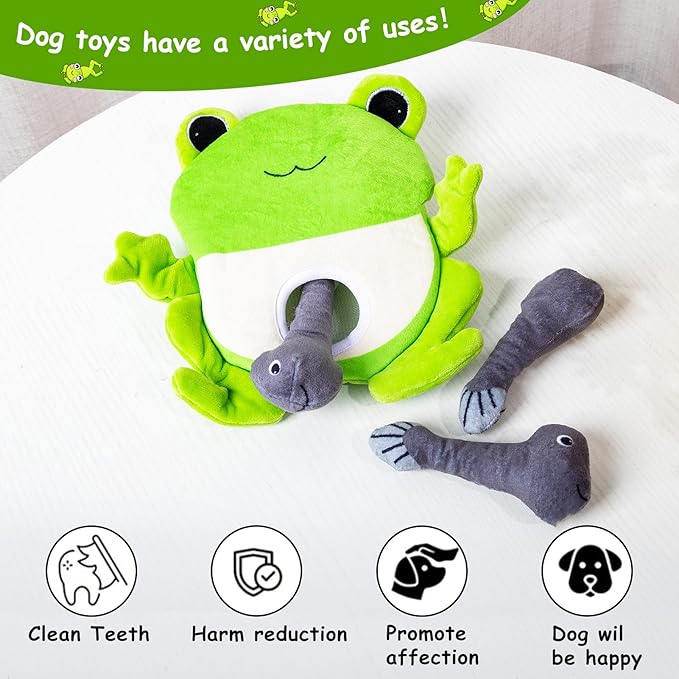 Hollypet Squeaky Dog Toy, Interactive Plush Hide and Seek Dog Toys for Small Medium Sized Dogs and Non-Aggressive Chewers, Puppy Teeth Clean Chew Toys, Frog