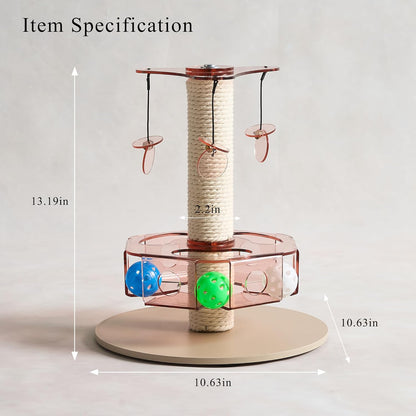 Modern 3-in-1 Interactive Cat Toy with Scratching Post, Rotating Cat Puzzle Toys for Indoor Cats with Colorful Jingle Balls, Spinning Teaser Disc with Dangling Toys, Acrylic, Pink