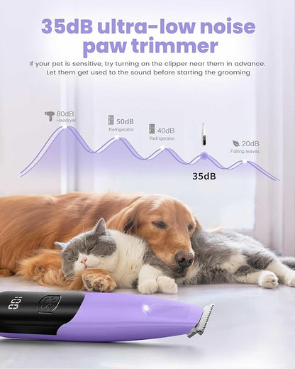 Dog Paw Trimmer with LED Light, 35dB Low Noise Paw Trimmers for Dog's Feet, 2 Speed Safety Electric Dog Clippers for Grooming, Rechargeable Cat Shaver for Paws, Ears, Face, Rump