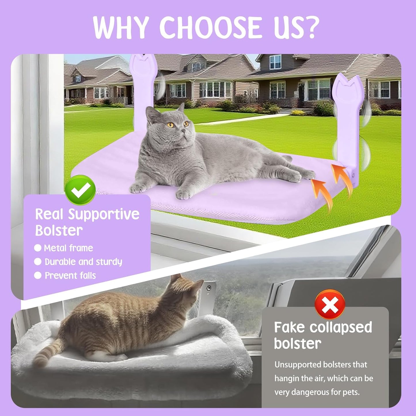 Cat Window Hammock 2-Pack,Foldable Cat Perch with Suction Cups & Metal Frame,Holds up to 40 lbs - Durable & Secure for Cats,Features 2-Sided Cushion & Easy Storage for Sunny Lounging(Purple)