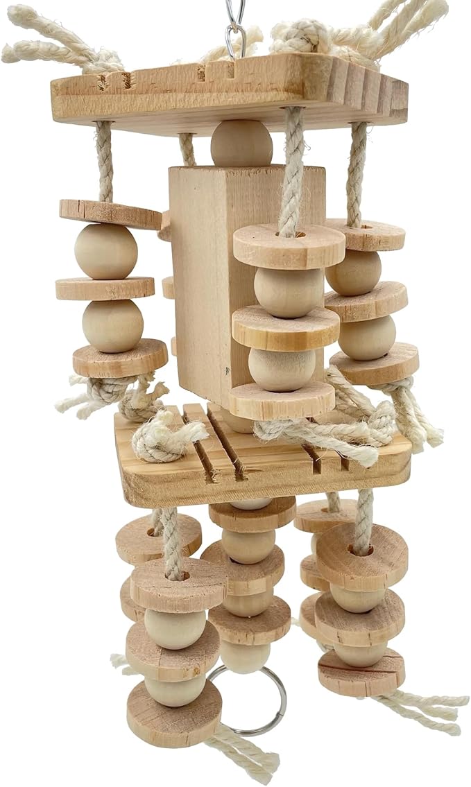 Dye-Free Block & Knot Chewing Toys for Medium and Large Parrots - Natural Wooden Bird Toys for Parakeet, Conures, Cockatiels, African Greys, Cockatoos, Amazon Parrots, Quakers