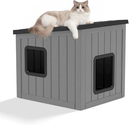 KAMABOKO Outdoor Cat House, Weatherproof Plastic Cat Shelter for Indoor & Outdoor, Durable All-Season Pet House for Feral, Stray & Domestic Cats (Gray&Black)