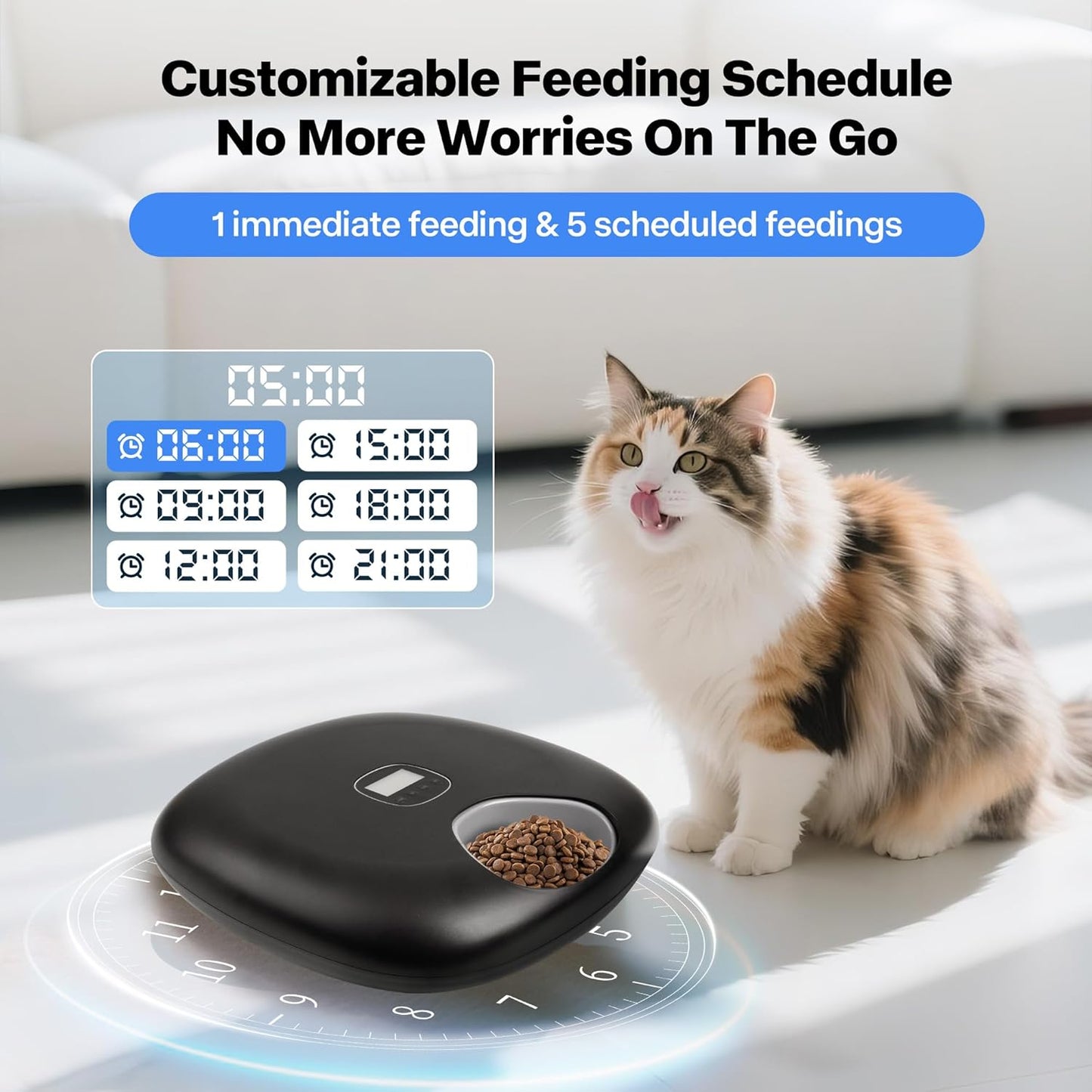 PetPrime 6-Meal Automatic Cat Feeder with Two Ice Packs,Cordless Rechargeable Cat Food Dispenser for Cats and Small Dogs Wet Food Auto Pet Feeder Black