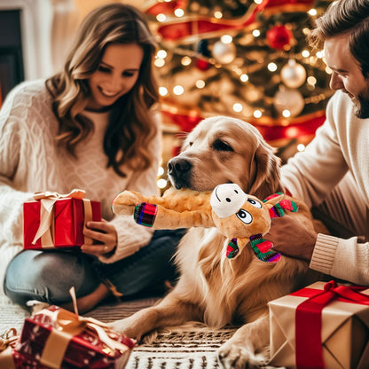 Dog Christmas Reindeer Plush Toys with Squeaker, Soft Pet Teeth Toys for Small & Medium Dogs