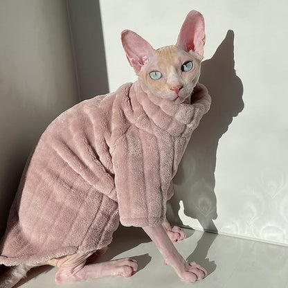Turtleneck Sweater for Sphynx Cat Soft Coral Fleece Cat Clothes Thick Winter Warm Outfit Coat for Hairless Cats and Small Dogs Apparel with Sleeves (Pink, S (3-5 lbs))
