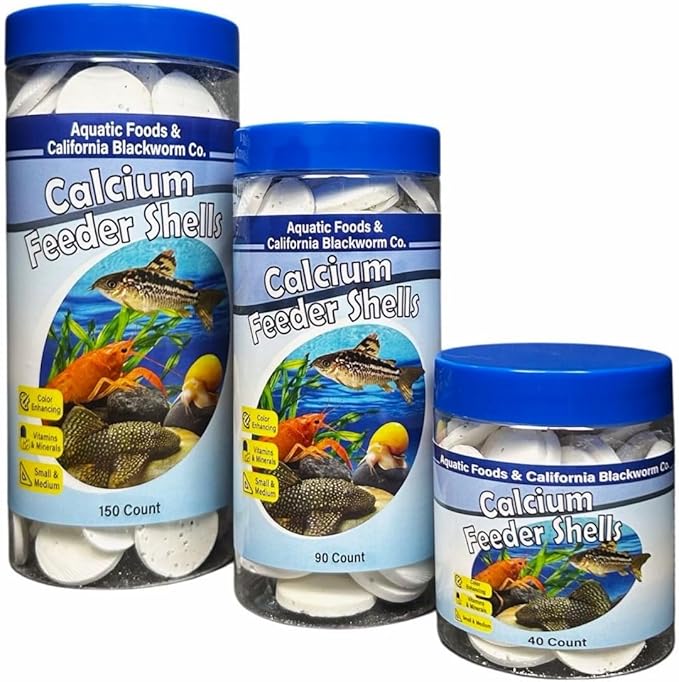 Aquatic Foods Inc. Calcium Feeding Shells, Small & Medium for Shrimp, Snails, Crabs, Crayfish, Plecos, Catfish, All Tropical Fish, 4-Type Wafer & 12-Type Pellet Mix Included 40 Count Canister