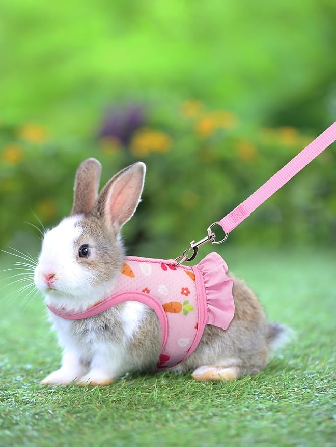 Bunny Harness and Leash,Proof Walking Escape Cute Floral Mesh Vest Breathable Rabbit Clothes for Bunnies, Hiking, Training for Ferret Kitten Puppy Small Rabbit Harness Pink L