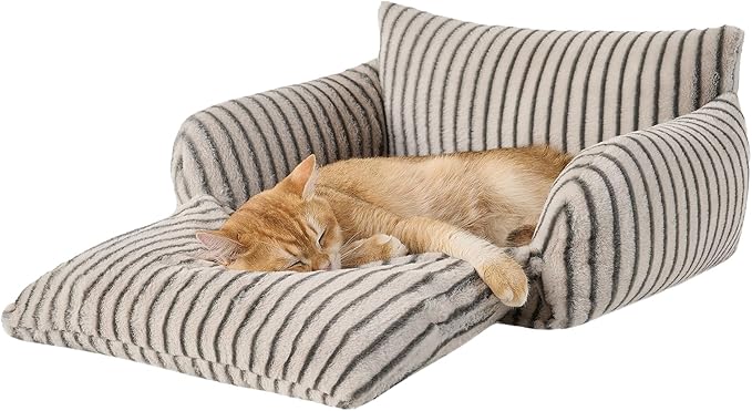 Hollypet Cat Bed Fluffy Plush Mutifuctional Double-Layer Soft Pet Couch Orthopedic Sofa Nest Beds for Small Cats and Dogs, Dark Gray Stripes (21x15x8 inch)