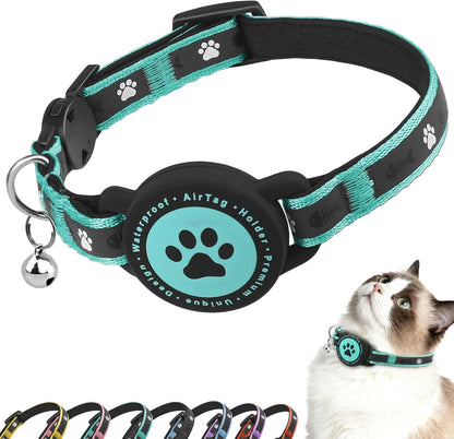 Airtag Cat Collar Breakaway, Reflective Cat Collar with AirTag Holder and Bell, Compatible with Apple Air Tag, Comfortable Padding, Adjustable, Durable (Turquoise, XS)