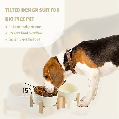 SPUNKYJUNKY 15° Slanted Ceramic Dog and Cat Bowl with Wooden Stand, Tilted Bulldog Food and Water Bowl No Slip Non-Spill for Cats Medium Dogs Big Face Pets 28.7 OZ (3.6 Cups, Beige × 2)