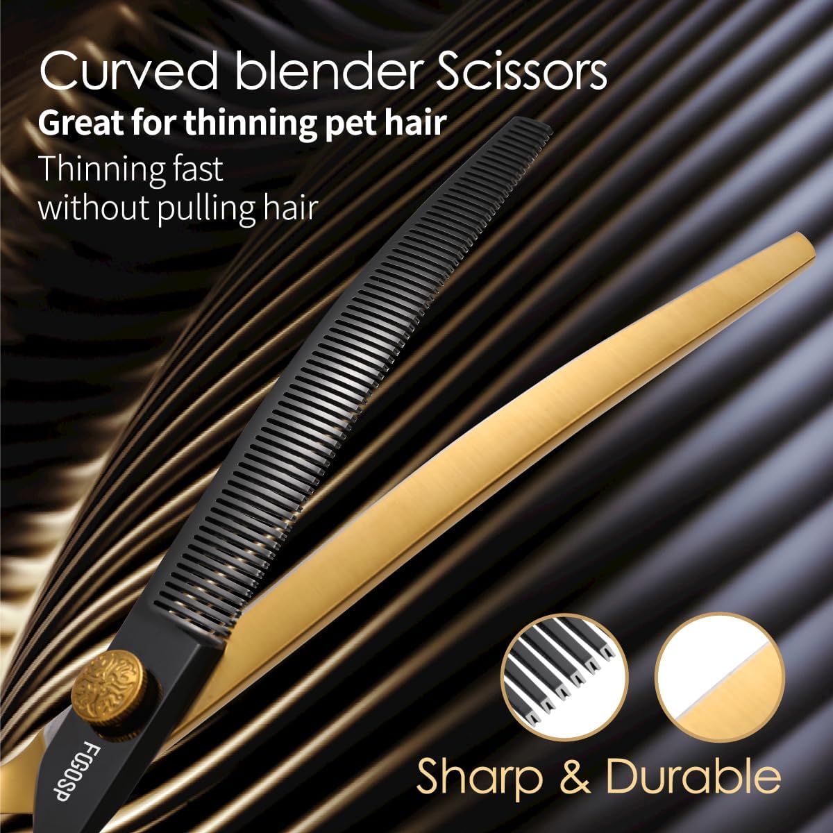 Curved Thinning Shears Dog Grooming 7.5 in Black & Gold Two Color Multipurpose Professional Dog Grooming Scissors for Large Pet 66 Teeth Japan 440C