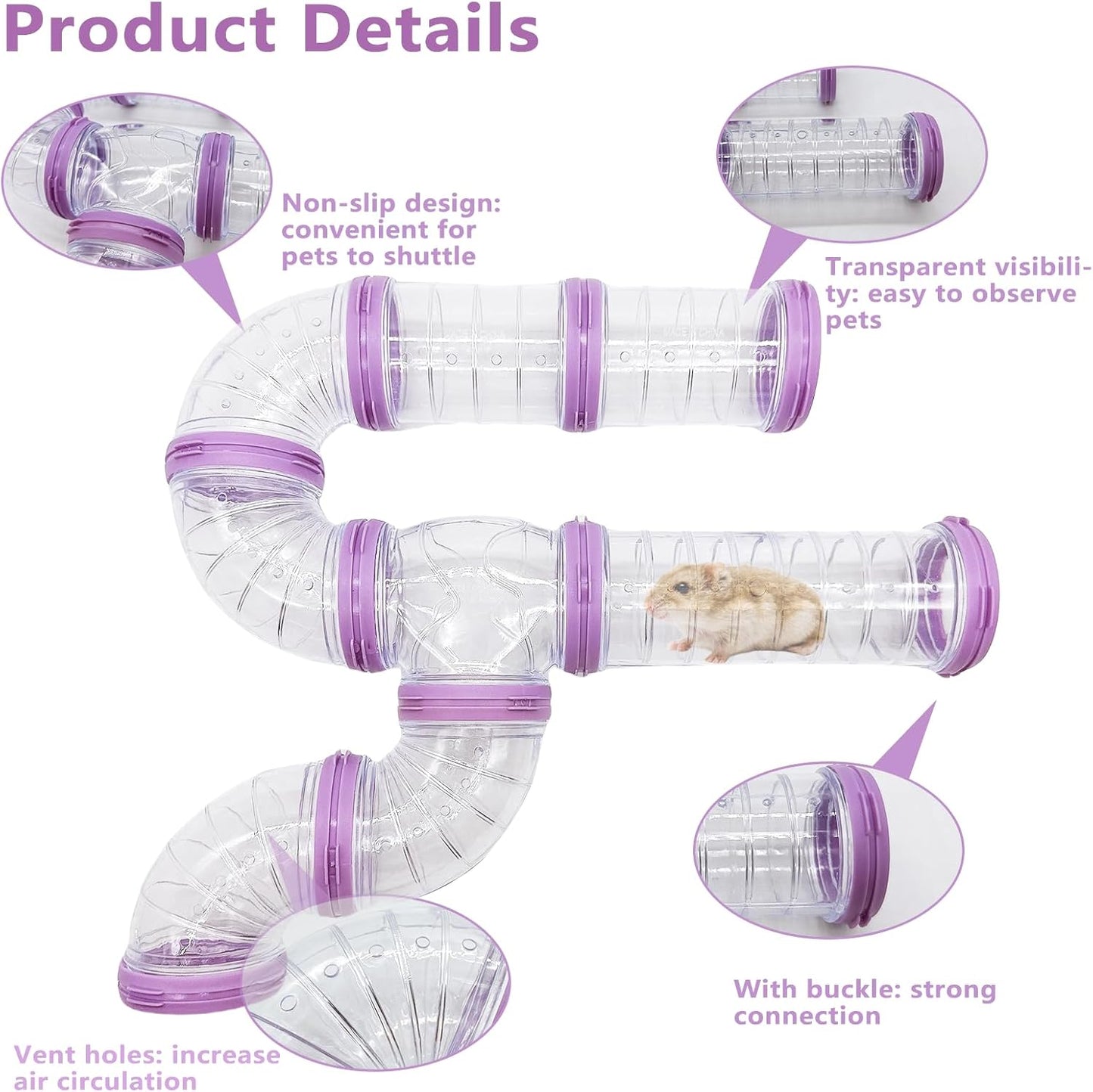 8PCS Hamster Tunnel Tube DIY Assorted Toy Transparent Adventure Pipe Playground Excercise Set for Mouse Syrian Hamster Gerbil (Purple)
