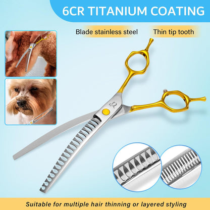 Dog Grooming Scissors,Curved Thinning Shears Curved Chunkers Shears with Safety Round Tips, Sharp and Comfortable 4 in 1 Dog Scissors for Grooming