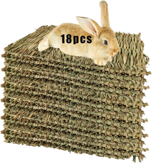 Hamiledyi Rabbit Grass Mat Bunny Natural Straw Woven Bed Small Animal Cages Hay Mat Sleeping Chewing Nesting and Toys for Guinea Pig Chinchilla Squirrel Hamster Cat Dog (18pcs Rabbit Grass Mat)