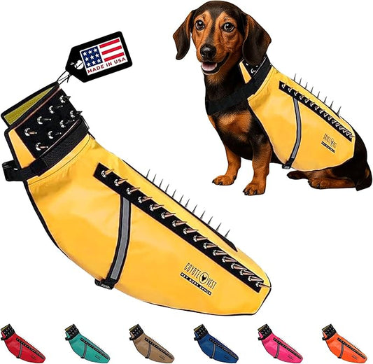 CoyoteVest Dog Harness Protection Vest, Reflective Dog Accessories with Spikes to Shield Your Pet from Raptor and Animal Attacks, Proudly Made in America (Large, Yellow)