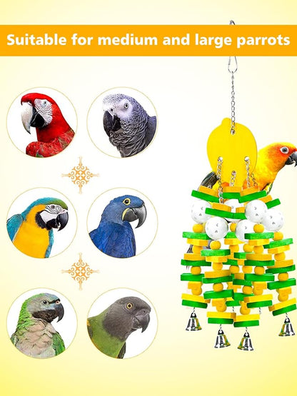 MEWTOGO Parrot Toys, Safe Healthy Parrots Cage Chewing Toy with Colorful Wood Blocks Crisp Bells for Macaws African Grey and Amazon Parrots (Lemon Style)