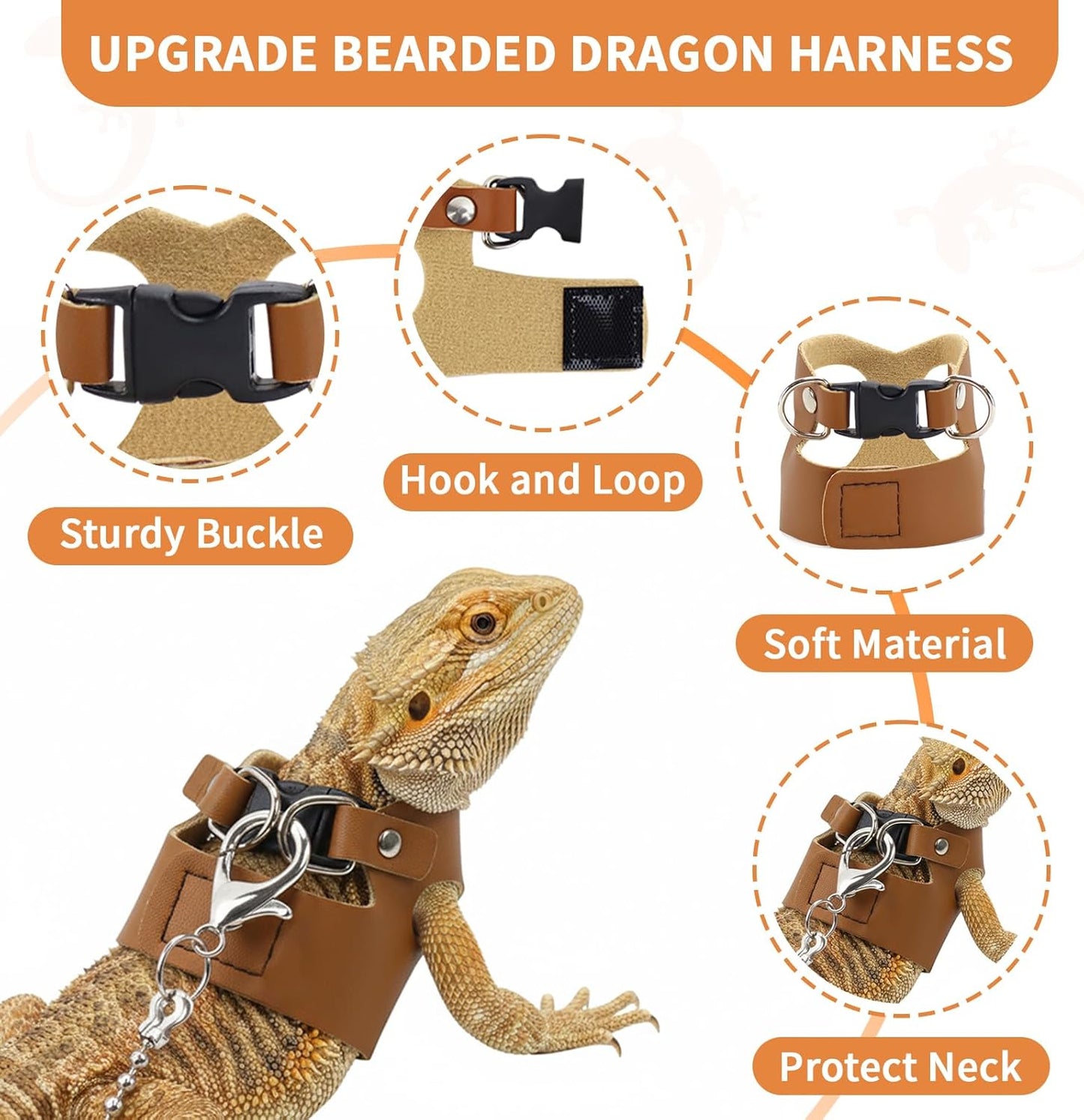 3 Pack Bearded Dragon Leash and Harness Set for Small Animals, 6.5FT Leash with 3 Sizes Adjustable Harness for Lizard Walking Adventure, Soft Vest Clothes for Squirrel Reptile Lovers -Brown