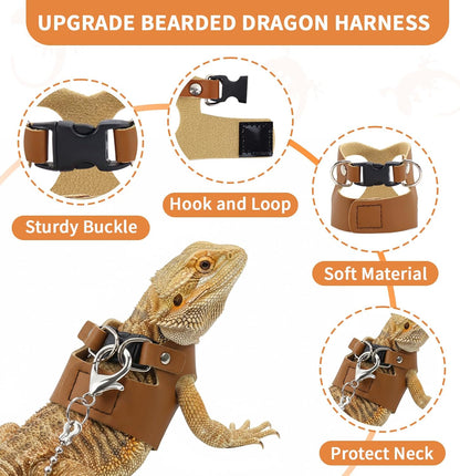 3 Pack Bearded Dragon Leash and Harness Set for Small Animals, 6.5FT Leash with 3 Sizes Adjustable Harness for Lizard Walking Adventure, Soft Vest Clothes for Squirrel Reptile Lovers -Brown