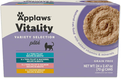 Applaws Vitality Wet Cat Food Paté, Natural Cat Food with Added Vitamins & Minerals, Grain-Free, Carrageenan Free, Variety Selection (24 Count, 2.47 oz Cans)