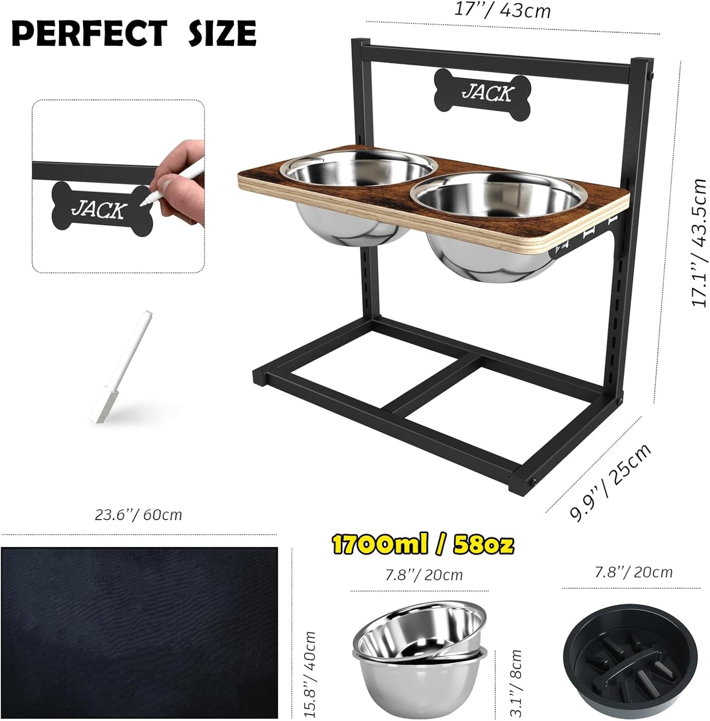 Elevated Dog Bowls with Slow Feeder - 9 Heights Adjustable Raised Dog Bowl Stand with Two 1.7L Stainless Steel Dog Food Bowls & Slow Feeder and a Nonslip Pad, Perfect for Medium Large Breed