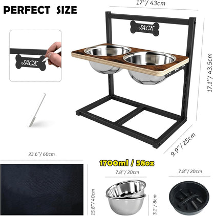 Elevated Dog Bowls with Slow Feeder - 9 Heights Adjustable Raised Dog Bowl Stand with Two 1.7L Stainless Steel Dog Food Bowls & Slow Feeder and a Nonslip Pad, Perfect for Medium Large Breed