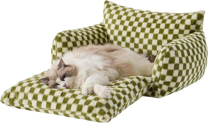 Hollypet Cat Bed Fluffy Plush Mutifuctional Double-Layer Soft Pet Couch Orthopedic Sofa Nest Beds for Small Cats and Dogs, Green and White (25x20x13 inch)