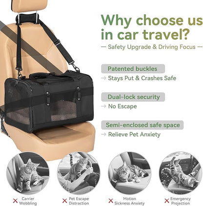 Petsfit 19x12x12 Pet Carrier for Large Cats (up to 20 lbs), Soft-Sided Small Dog Travel Carrier, Upgraded with Patented Buckle and Soft Padding, Ideal for Car Road Trips,Black