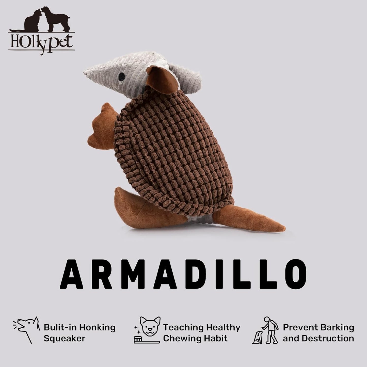 Hollypet Plush Dog Squeaky Toy Stuffed Armadillo Animal Pet Puppy Chew Toys with Clean Teeth for Small Medium Large All Breed Sizes Dogs, Brown, 14 in