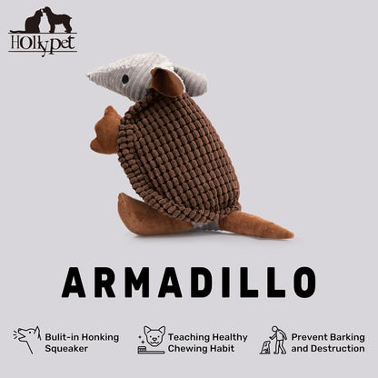 Hollypet Plush Dog Squeaky Toy Stuffed Armadillo Animal Pet Puppy Chew Toys with Clean Teeth for Small Medium Large All Breed Sizes Dogs, Brown, 14 in