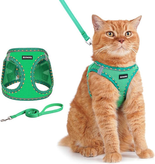 Rttochfy Cat Harness and Leash Set, Escape Proof Kitten Harness, Soft and Breathable Vest with Reflective Strip, Easy to Wear for Cats Walking and Traveling (Green, M)