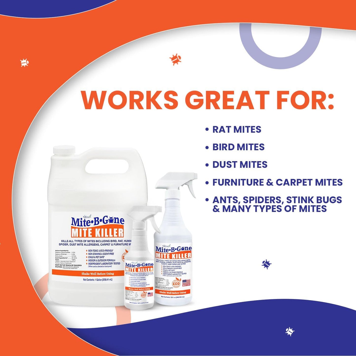 Mite Killer Treatment Spray for Home by Mite-B-Gone - Kills All Types of Mites, Dust, Spider, Rat, Carpet & Bird Mites | Safe for Homes, Furniture & Animals | Non-Toxic | Kid & Pet Friendly | 1 Gal