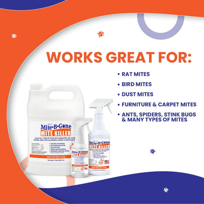 Mite Killer Treatment Spray for Home by Mite-B-Gone - Kills All Types of Mites, Dust, Spider, Rat, Carpet & Bird Mites | Safe for Homes, Furniture & Animals | Non-Toxic | Kid & Pet Friendly | 1 Gal