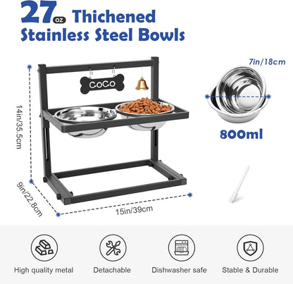 Elevated Dog Bowls for Medium and Small Dogs, 5 Height Adjustable & 2 Stainless Steel Bowls 800ml/27oz, Raised Food Dog Water Stand