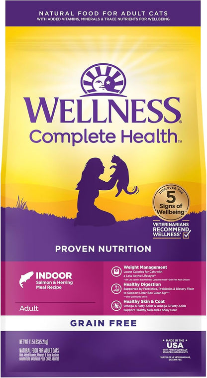 Wellness Complete Health Adult Dry Cat Food for Indoor Cats, Grain Free, Natural, Salmon and Herring Meal (11.5 Pound Bag)