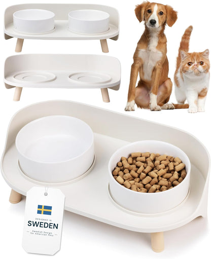 MalsiPree Dog Bowls Elevated & Pet Bowls - Small, Sand Beige - 45° Tilt Stand with Splash Guard - Dog Feeding Station with Ceramic Dishes for Food & Water