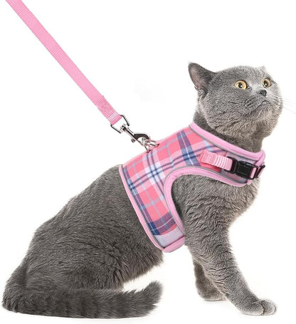 PUPTECK Soft Mesh Cat Vest Harness and Leash Set Puppy Padded Pet Harnesses Escape Proof for Cats Small Dogs Rabbits Bunny, Plaid Pink, XL