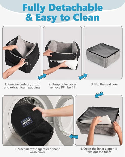 EASTBLUE Dog Car Seat for Small Medium Dogs Up to 35 lbs, 2 Memory Foam Pads Dog Booster Car Seat with Seat Belt, Washable Pet Carseat for Puppy & Cat, Dogs Travel Bed for Cars (Black/Grey)