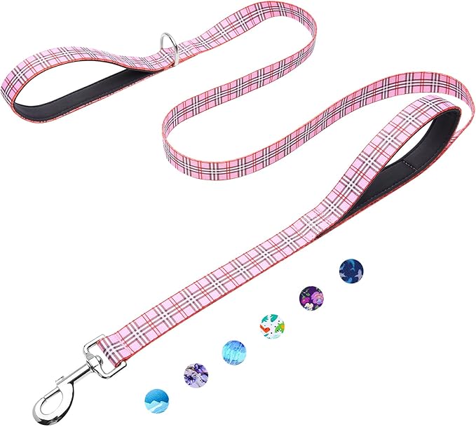 6ft Dog Leash with Two Padded Handles, Heavy Duty Strong Nylon Pet Leash with Soft Neoprene Handle for Small Medium Large Dogs, Pink Plaid