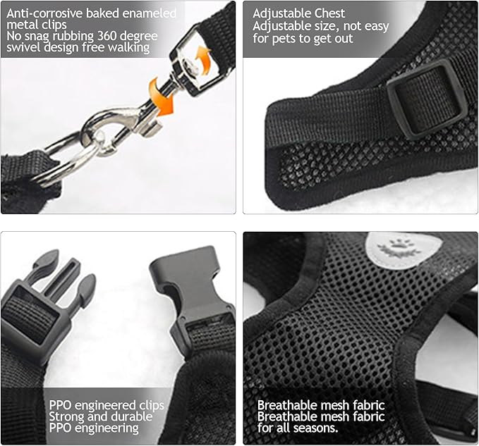 shudyear Summer cat Chest Harness and Leash, Anti-Escape Adjustable Soft mesh cat Leash and Chest Harness Set for All Types of Cats cat Vests (Size M,Black)