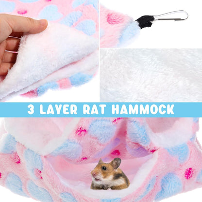 Sweetude 6 Pcs Rat Hammock Set Ferret Hanging Tunnel 3 Tier Guinea Pig Hammocks Hideout Soft Chinchilla Bed for Cage Accessories Hide,Play and Sleep(Lovely,Heart)